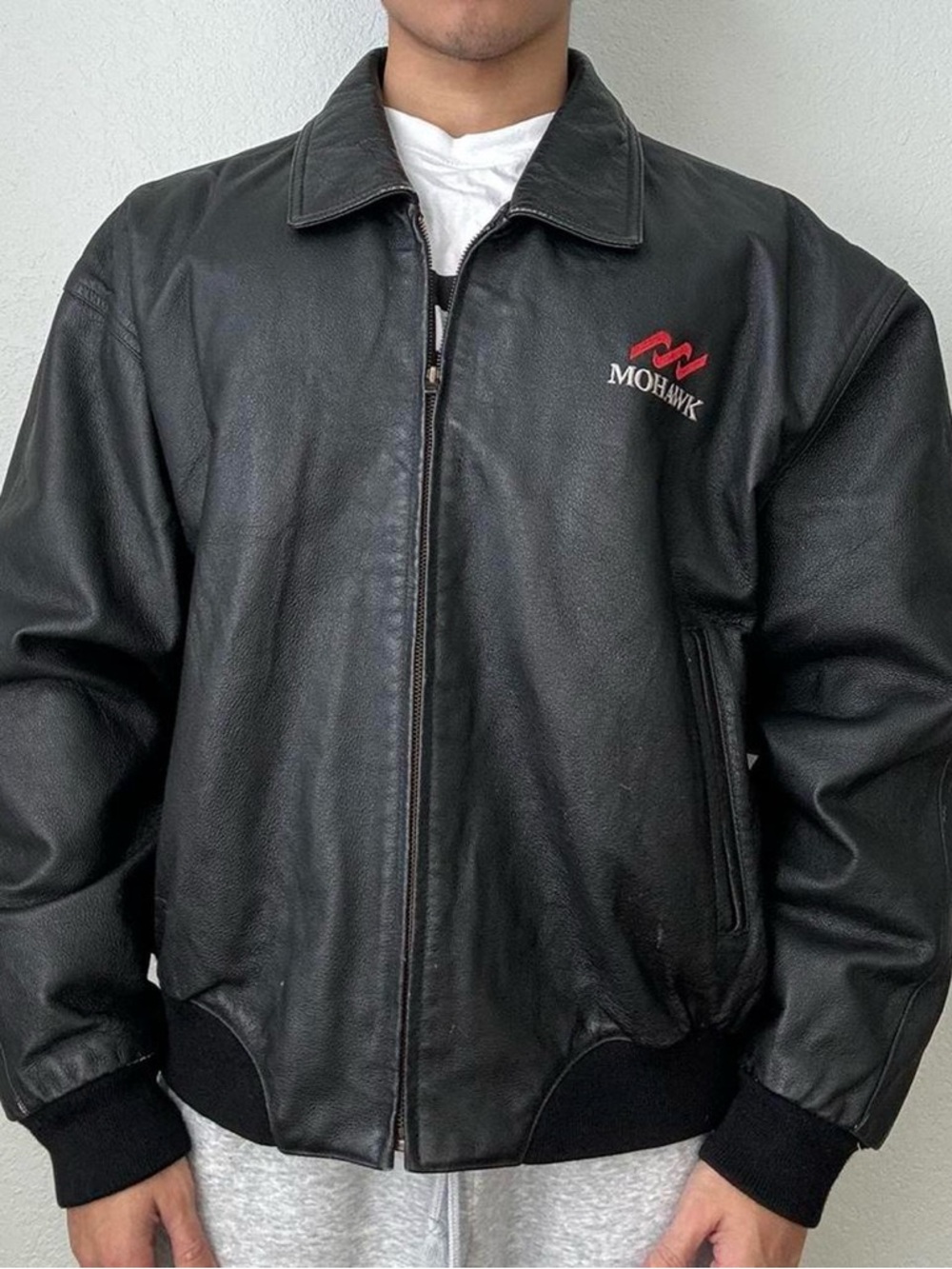 Vintage 1990s Mohawk Logo Men's Black Leather Zip-Front Jacket
